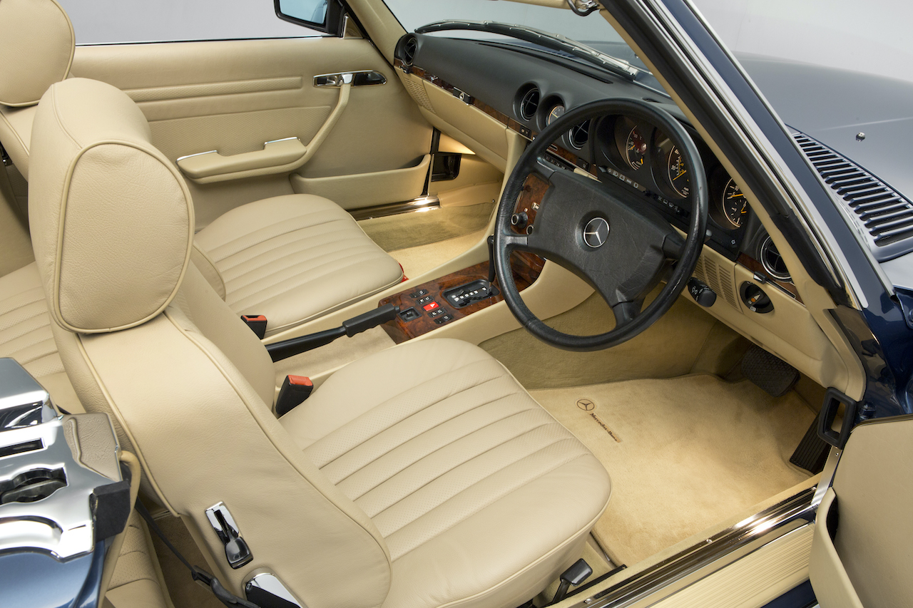 Beige Leather interior of a fully restored Mercedes 500sl