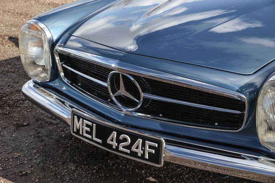 Mercedes 280SL period plate in black with silver edge. MEL is the nickname this Pagoda has taken on at SLSHOP.