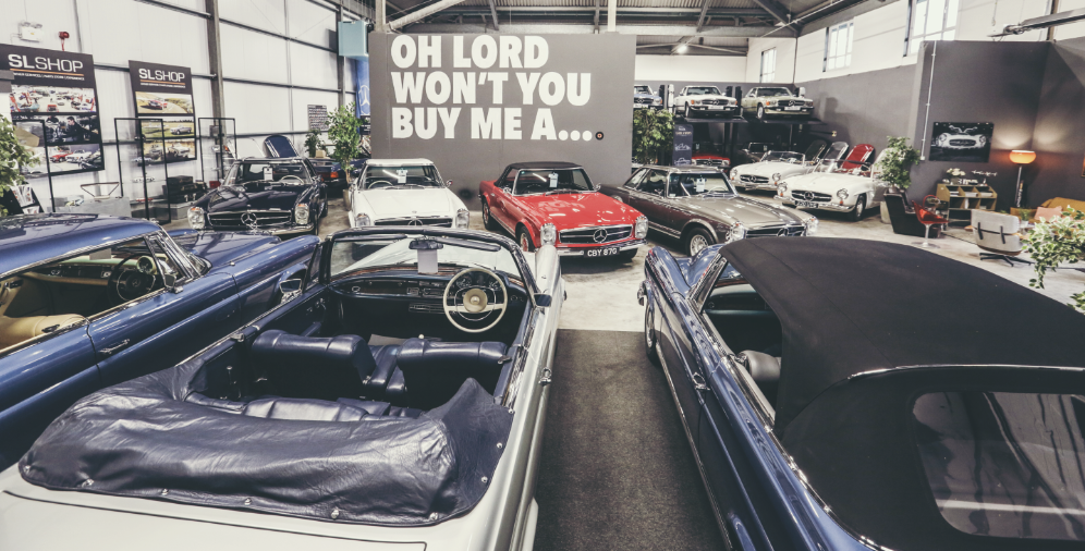 SLSHOP's famous showroom where a range of classic Mercedes are sold