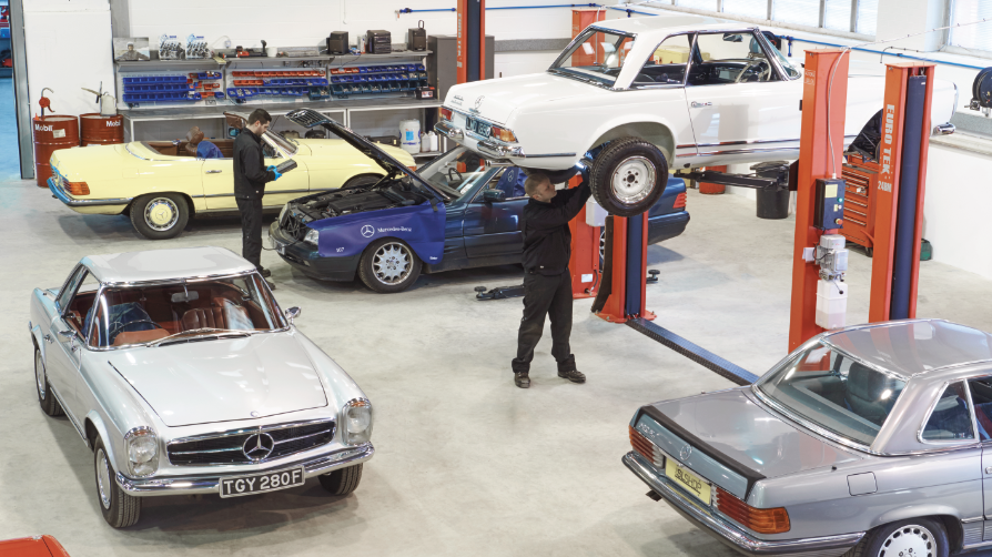 Classic Mercedes for sale at SLSHOP undergoing preparation