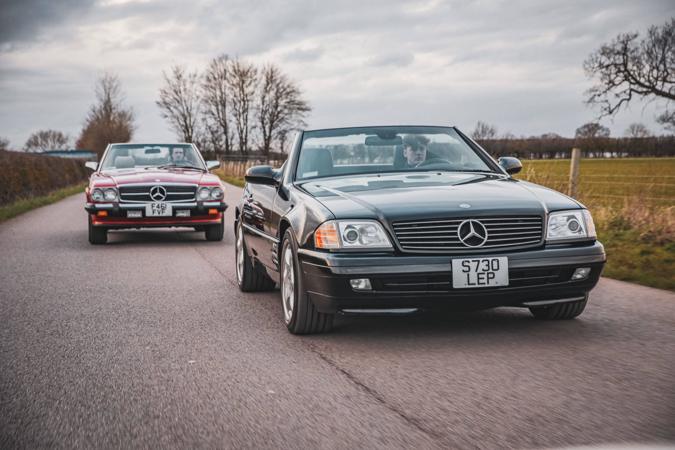 R129 SL600 and R107 560 SL Tracking on a Country Road
