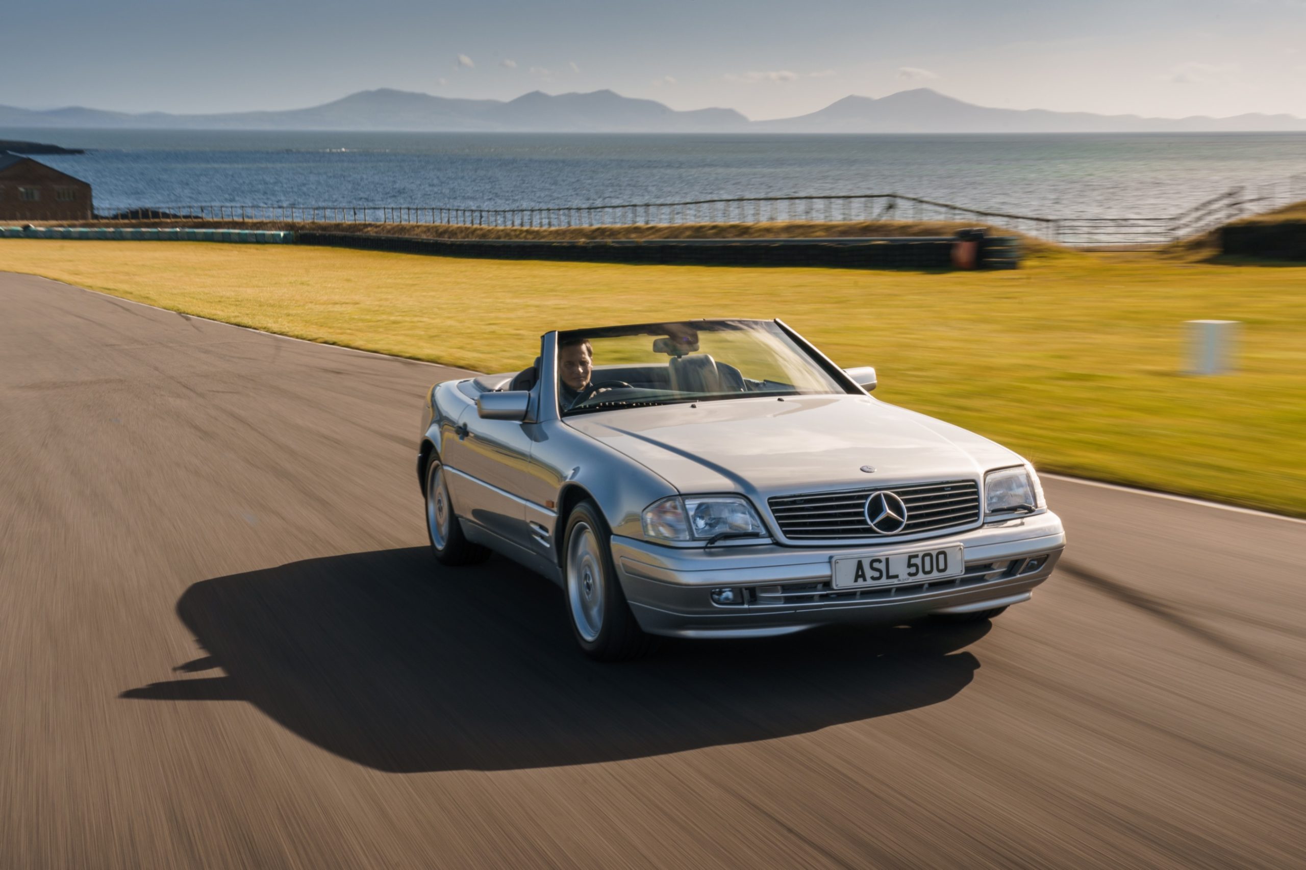 Mercedes SL500 driving around Anglesey Circuit.