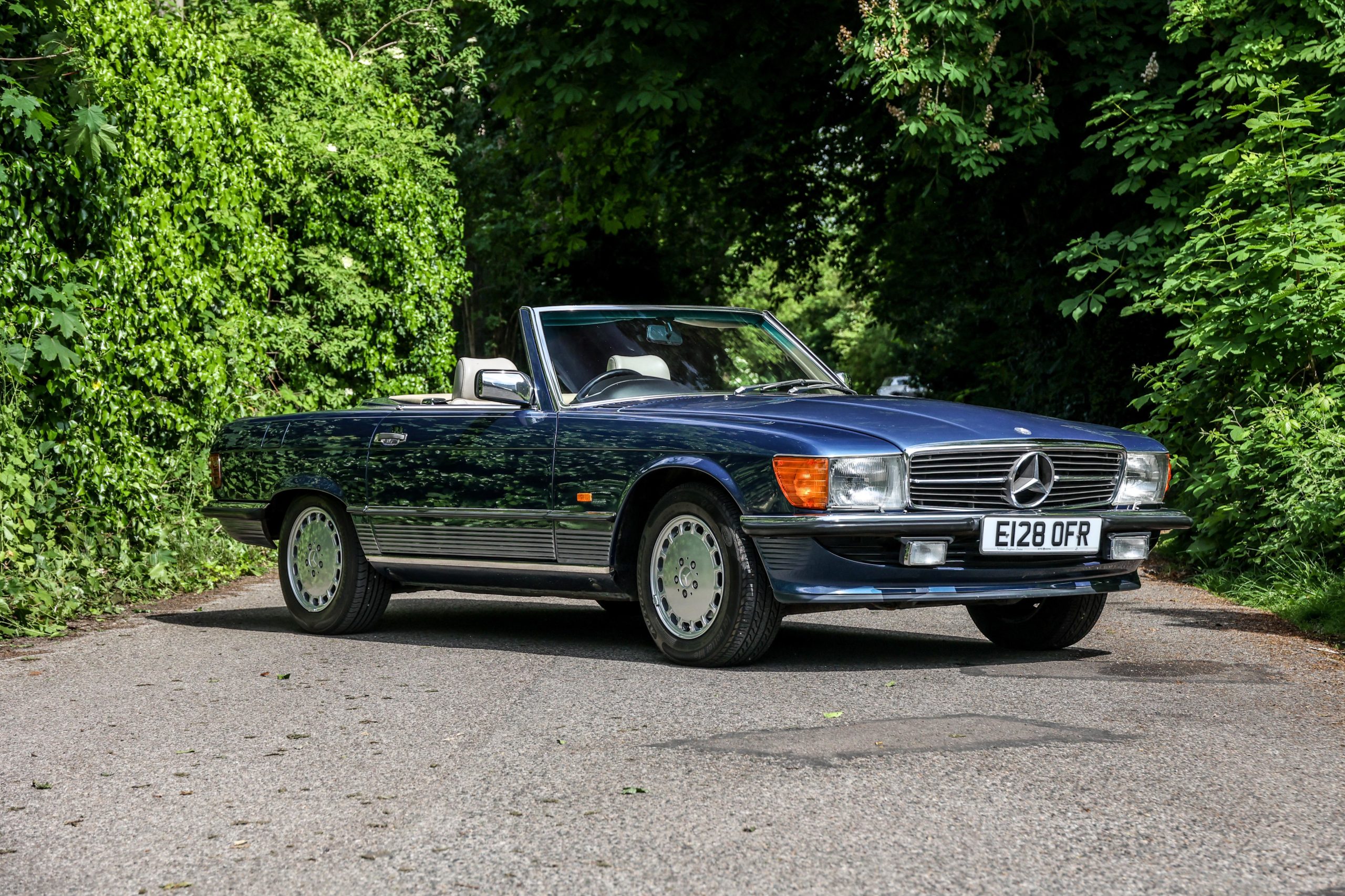 1987 Mercedes Benz R107 500SL Nautical Blue (929) with Beige